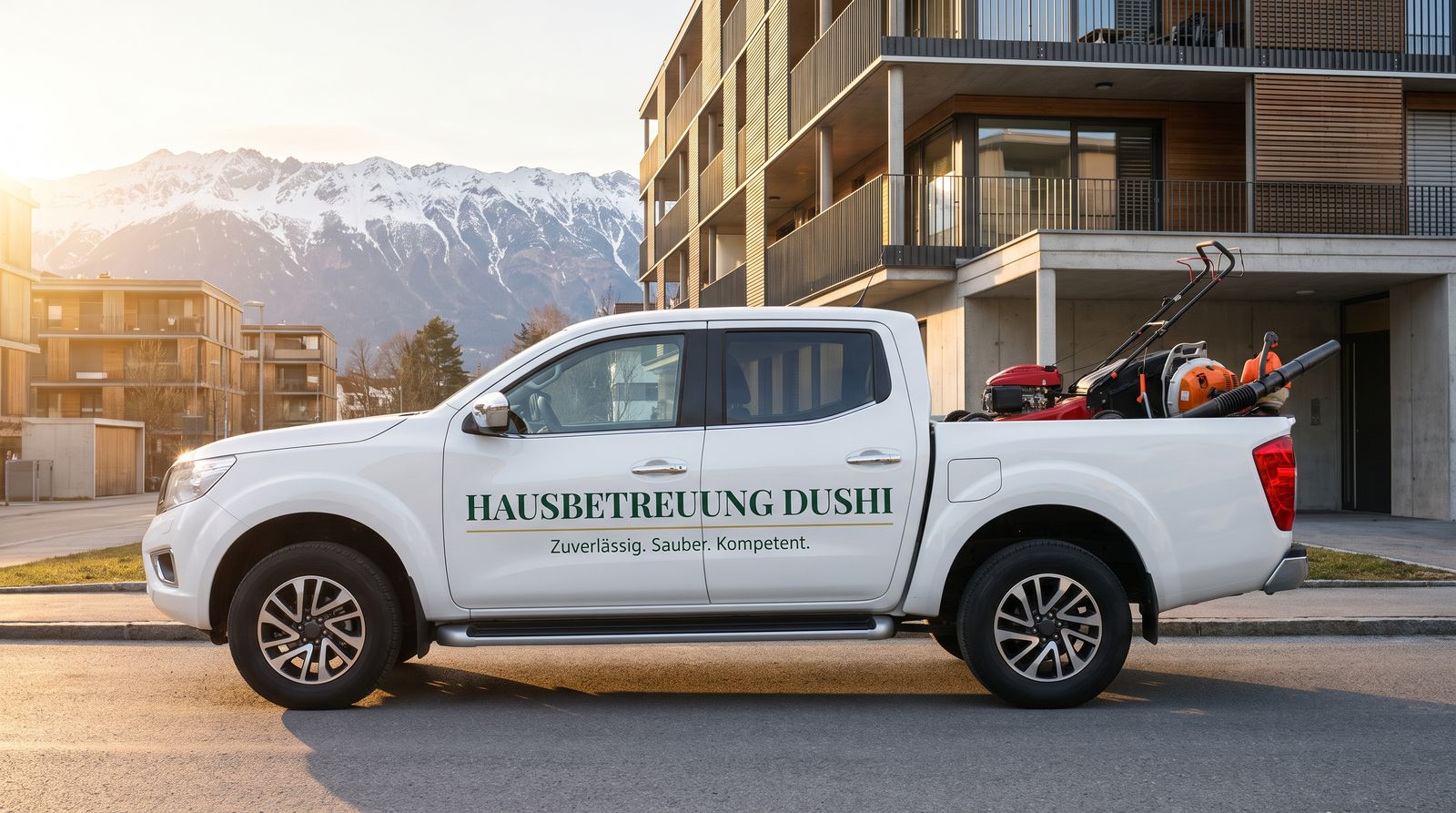 Beschrifteter Pickup von Hausbetreuung Dushi (KI-Platzhalter)